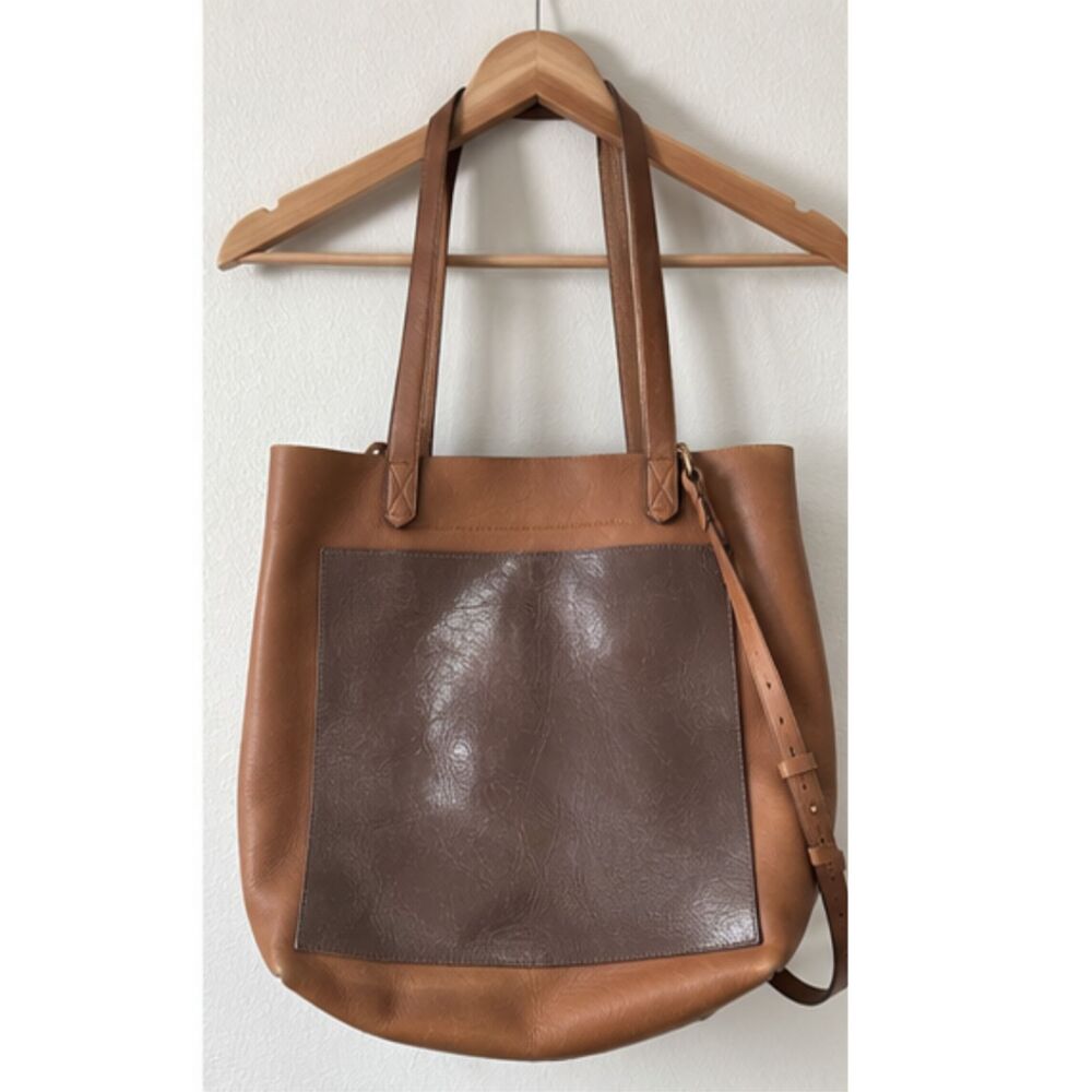 Madewell Leather Tote Bag Cognac Brown Large Front Pocket